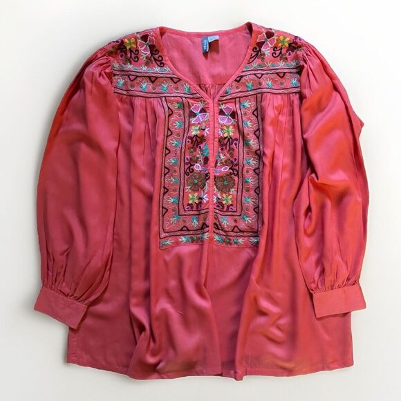 Tops - Womens Embroidered Top Blouse Boho Tunic Coral Pink Balloon Sleeve Size L XL